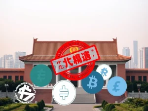 An official warning symbol over digital currency logos, representing Beijing's stablecoin crackdown to mitigate financial risks.