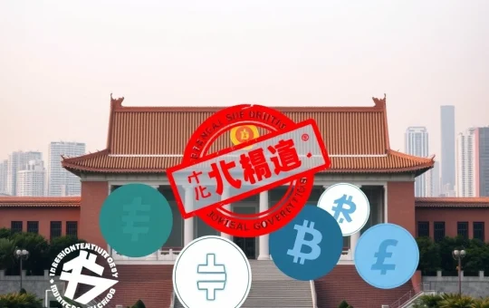 An official warning symbol over digital currency logos, representing Beijing's stablecoin crackdown to mitigate financial risks.
