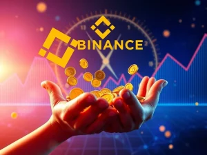 Hands reaching for DePHY tokens flowing from a Binance logo, symbolizing the exciting Binance airdrop opportunity for Alpha Points holders.