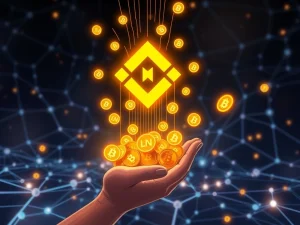 A visual representation of the Binance Alpha Airdrop, showing LN Tokens descending into a digital wallet, symbolizing the upcoming distribution.