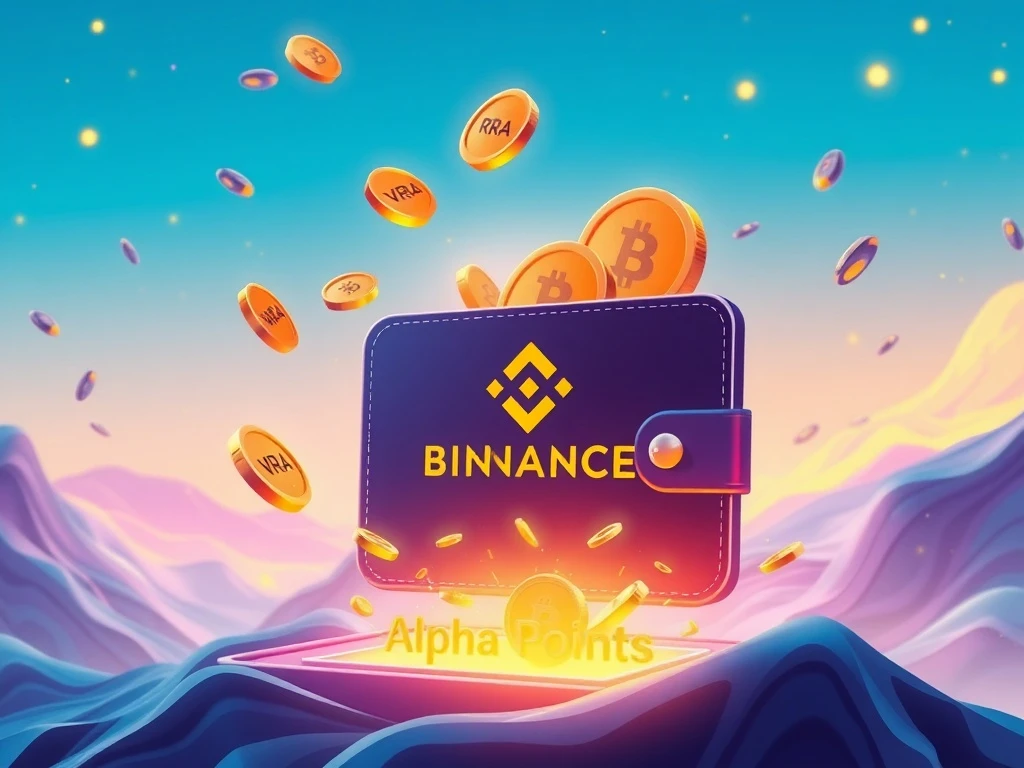 A visual representation of the Binance Alpha Airdrop, with VRA Tokens being distributed to users holding Alpha Points.