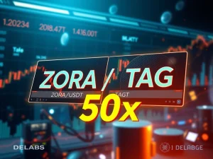 A vibrant display of the Binance Futures platform, highlighting ZORA USDT and TAG USDT pairs with 50x leverage options.