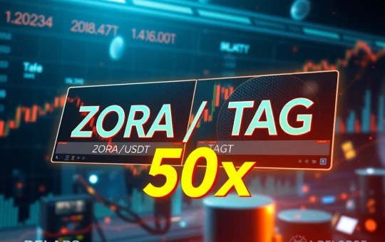 A vibrant display of the Binance Futures platform, highlighting ZORA USDT and TAG USDT pairs with 50x leverage options.