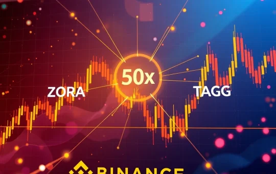 A digital trading screen showing Binance Futures charts for ZORA USDT and TAG USDT, symbolizing new 50x leverage opportunities in crypto derivatives.