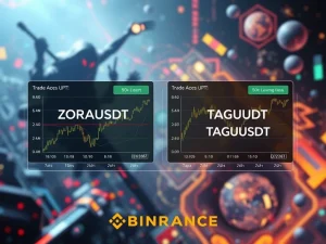 Binance Futures trading interface displaying ZORAUSDT and TAGUSDT, symbolizing high leverage opportunities in AI art and blockchain gaming sectors.