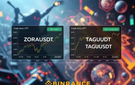 Binance Futures trading interface displaying ZORAUSDT and TAGUSDT, symbolizing high leverage opportunities in AI art and blockchain gaming sectors.