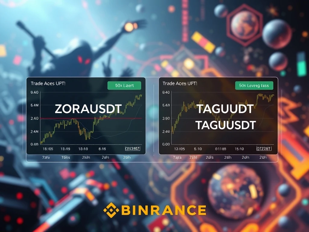 Binance Futures trading interface displaying ZORAUSDT and TAGUSDT, symbolizing high leverage opportunities in AI art and blockchain gaming sectors.