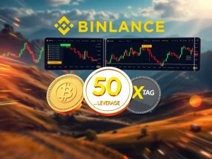 A dynamic illustration of digital currency charts and trading interfaces, representing Binance Futures offering 50x leverage on ZORA and TAG U perpetual contracts.