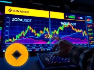 A dynamic trading screen showing ZORAUSDT and TAGUSDT charts with 50x leverage, symbolizing the new Binance futures contracts.