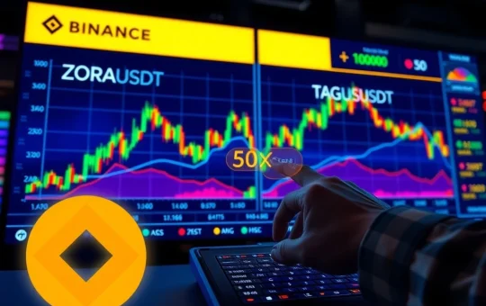 A dynamic trading screen showing ZORAUSDT and TAGUSDT charts with 50x leverage, symbolizing the new Binance futures contracts.