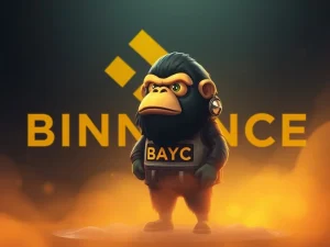 A Bored Ape Yacht Club NFT character with a Binance logo, representing the discontinuation of Binance NFT staking for BAYC and MAYC.