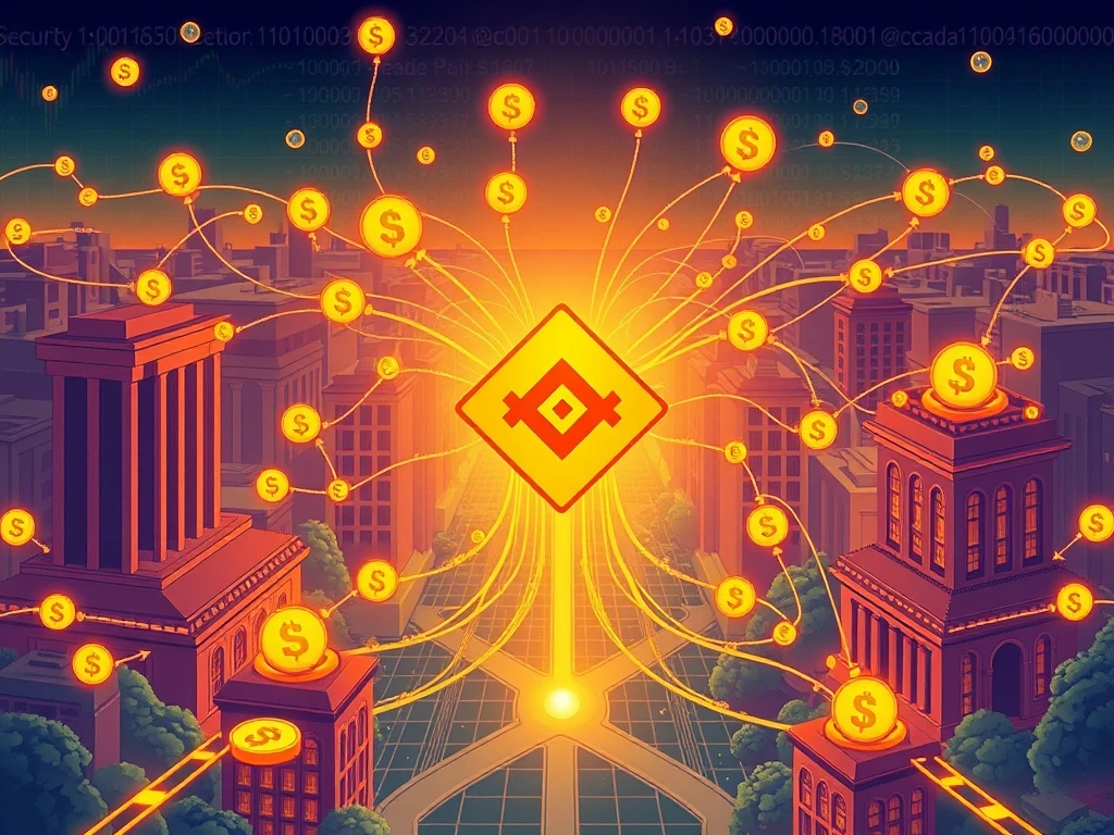 Binance logo over a financial network, representing the integration of yield-bearing stablecoins as crypto collateral for institutional capital efficiency.