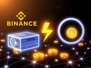 Binance and Circle logos merging over a blockchain, symbolizing the integration of tokenized Treasury assets for institutional collateral, enhancing capital efficiency.