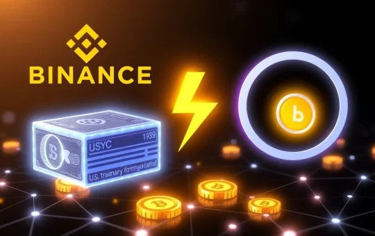 Binance and Circle logos merging over a blockchain, symbolizing the integration of tokenized Treasury assets for institutional collateral, enhancing capital efficiency.
