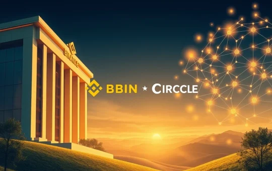 Binance and Circle logos amidst digital assets and financial symbols, representing their partnership for institutional crypto derivatives with USYC collateral.
