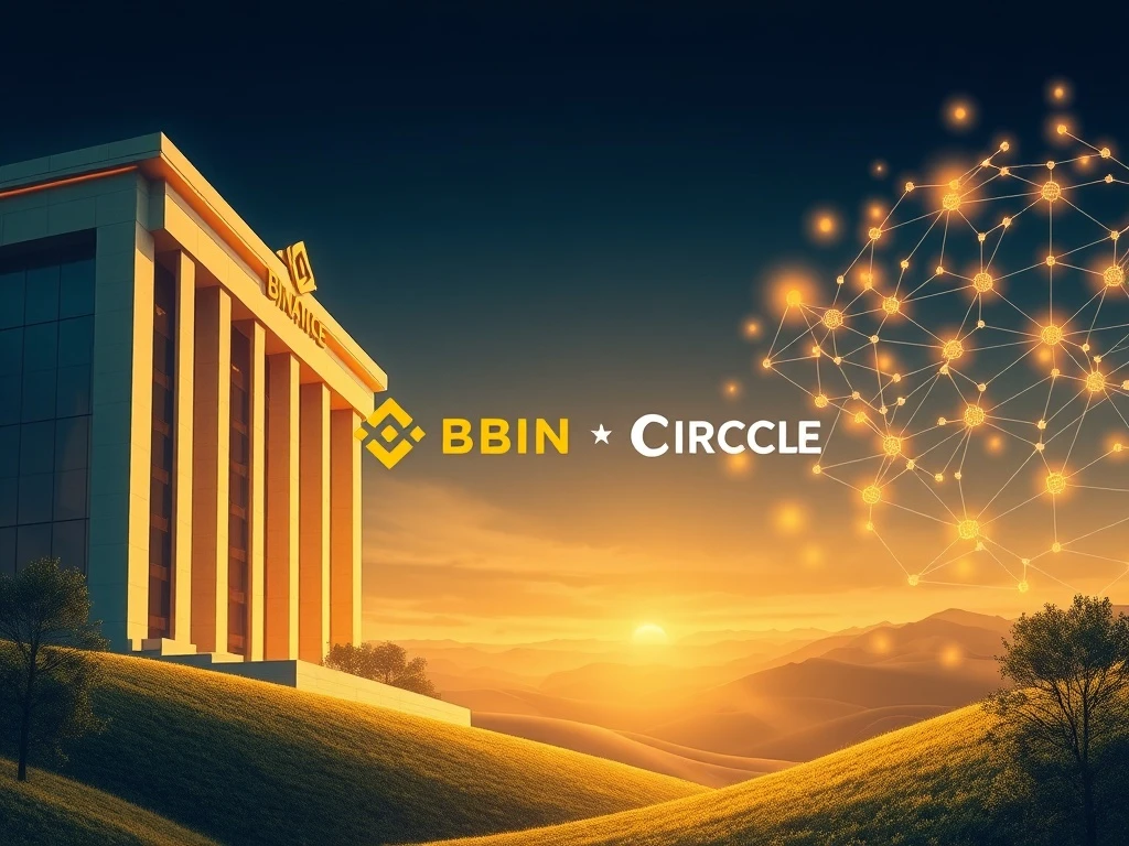 Binance and Circle logos amidst digital assets and financial symbols, representing their partnership for institutional crypto derivatives with USYC collateral.