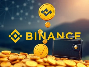 Binance VRA airdrop: Digital tokens flowing into a crypto wallet, representing the $1.2M Verasity token distribution.
