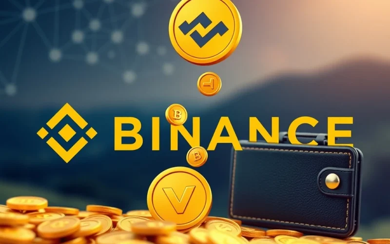 Binance VRA airdrop: Digital tokens flowing into a crypto wallet, representing the $1.2M Verasity token distribution.