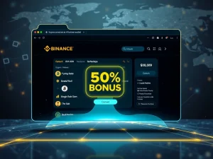 Binance Web Wallet interface displaying digital asset management features and a 50% deposit bonus, symbolizing a significant push for cryptocurrency adoption.