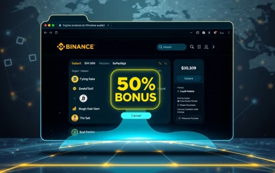 Binance Web Wallet interface displaying digital asset management features and a 50% deposit bonus, symbolizing a significant push for cryptocurrency adoption.