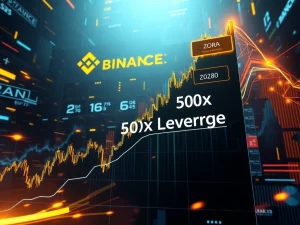 Chart showing ZORA price surge on Binance, representing the launch of ZORAUSDT Futures with 50x leverage.
