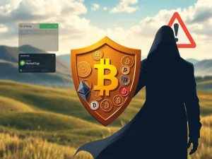 A digital shield protecting crypto symbols, illustrating the BingX warning against fraudulent tokens on CoinMarketCap and emphasizing crypto security.