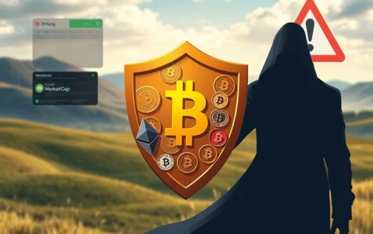 A digital shield protecting crypto symbols, illustrating the BingX warning against fraudulent tokens on CoinMarketCap and emphasizing crypto security.
