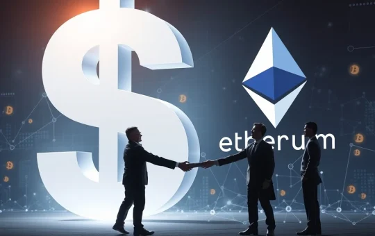 Bit Digital's strategic Ethereum expansion depicted by the ETH logo rising from a sea of dollars, signifying a significant investment and a move away from traditional Bitcoin mining.