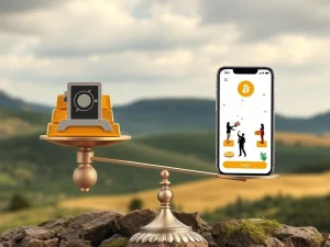 Two scales balancing, representing Bitcoin's dual role as a store of value (digital gold) and a medium of exchange, highlighting Bitcoin adoption.