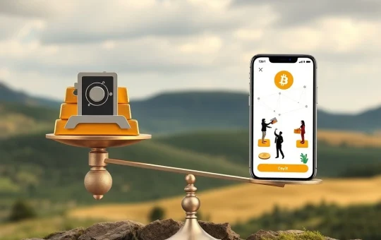 Two scales balancing, representing Bitcoin's dual role as a store of value (digital gold) and a medium of exchange, highlighting Bitcoin adoption.