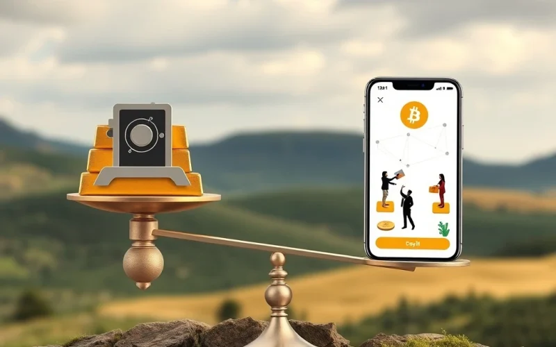 Two scales balancing, representing Bitcoin's dual role as a store of value (digital gold) and a medium of exchange, highlighting Bitcoin adoption.