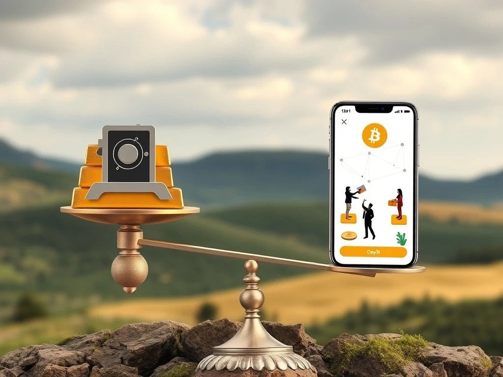 Two scales balancing, representing Bitcoin's dual role as a store of value (digital gold) and a medium of exchange, highlighting Bitcoin adoption.