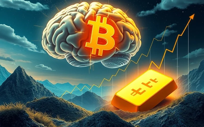 Visualizing Bitcoin's rise against traditional assets like gold, influenced by AI-driven economic forecasts and changing market trends.