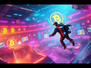 A futuristic digital arena with players using jetpacks, representing the exciting Bitcoin Arena Cash Tournament at Bitcoin.com Casino.