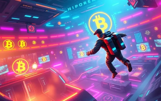 A futuristic digital arena with players using jetpacks, representing the exciting Bitcoin Arena Cash Tournament at Bitcoin.com Casino.