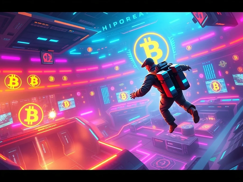 A futuristic digital arena with players using jetpacks, representing the exciting Bitcoin Arena Cash Tournament at Bitcoin.com Casino.
