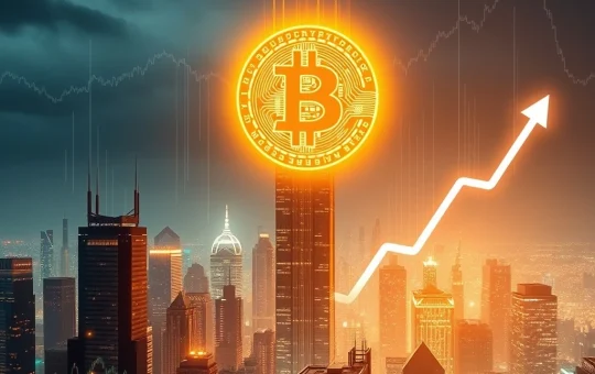 A digital representation of Bitcoin's astonishing surge, with charts showing upward trends driven by institutional investment.