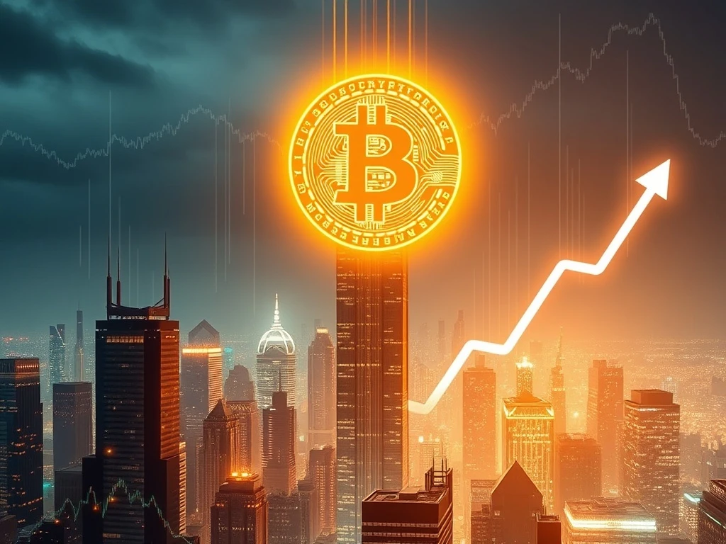 A digital representation of Bitcoin's astonishing surge, with charts showing upward trends driven by institutional investment.