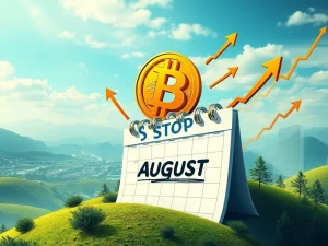 A Bitcoin symbol breaking free from a calendar marked August, illustrating Bitcoin's defiance of historical seasonal trends.