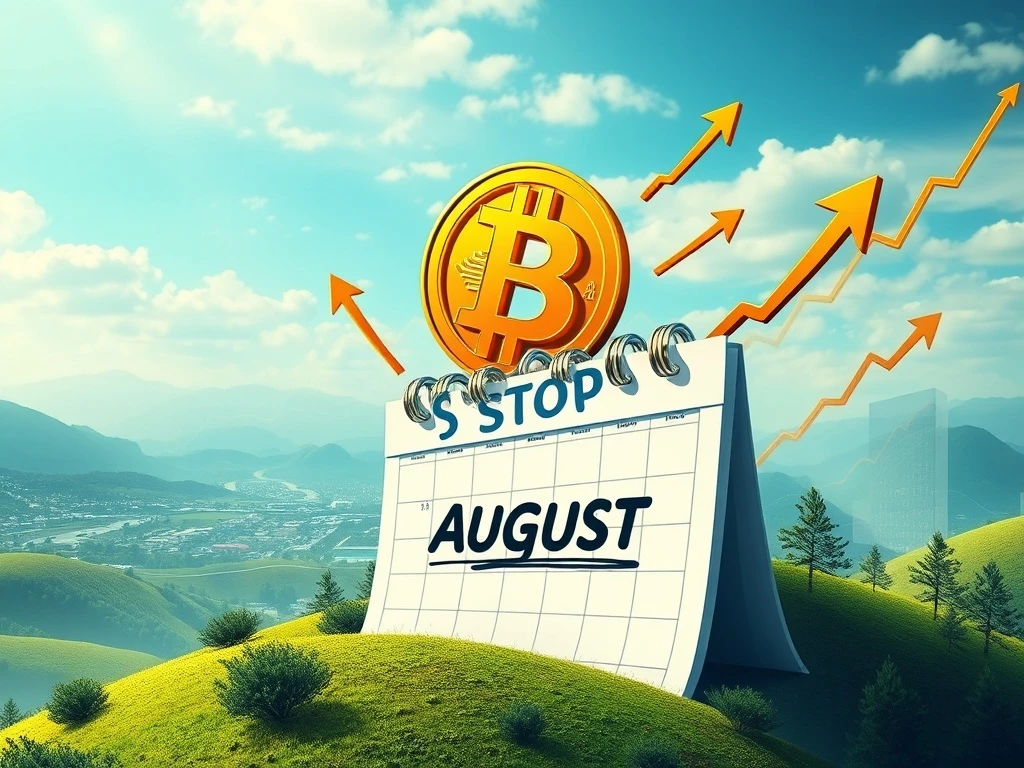 A Bitcoin symbol breaking free from a calendar marked August, illustrating Bitcoin's defiance of historical seasonal trends.