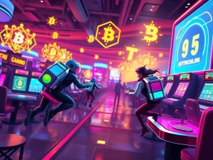 A dynamic scene depicting the Bitcoin.com Casino's Web3 PVP tournament, showcasing competitive blockchain gaming with digital avatars.
