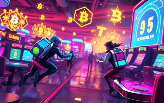 A dynamic scene depicting the Bitcoin.com Casino's Web3 PVP tournament, showcasing competitive blockchain gaming with digital avatars.