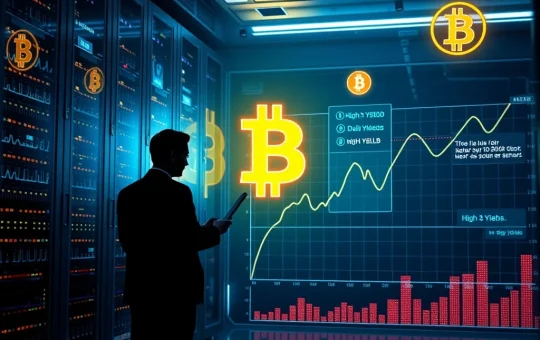 Illustration depicting Bitcoin cloud mining operations, highlighting the potential for high daily crypto yield and institutional investment.