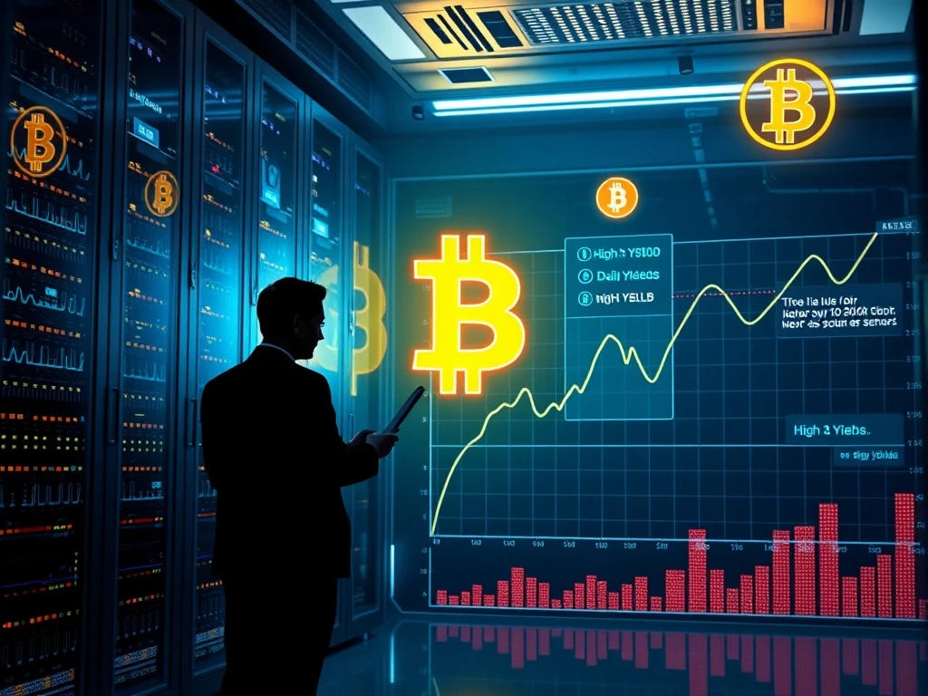 Illustration depicting Bitcoin cloud mining operations, highlighting the potential for high daily crypto yield and institutional investment.