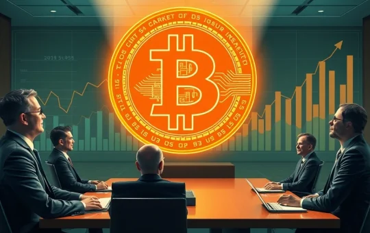 Executives in a boardroom viewing a holographic Bitcoin logo, symbolizing the surge in Bitcoin corporate adoption.