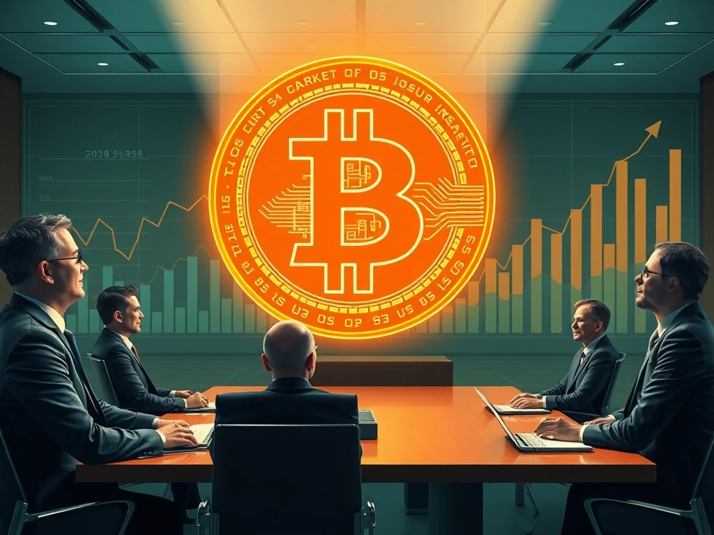 Executives in a boardroom viewing a holographic Bitcoin logo, symbolizing the surge in Bitcoin corporate adoption.