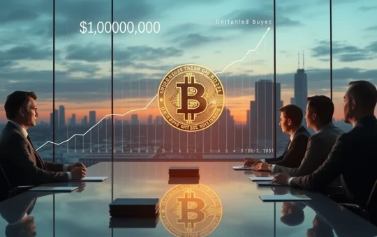 Executives in a modern boardroom observe a Bitcoin price chart soaring, symbolizing the monumental $1M Bitcoin price surge driven by corporate adoption.