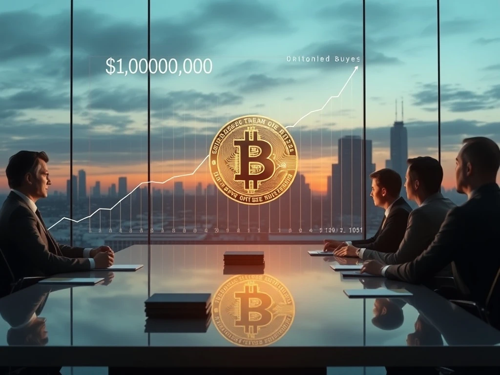 Executives in a modern boardroom observe a Bitcoin price chart soaring, symbolizing the monumental $1M Bitcoin price surge driven by corporate adoption.