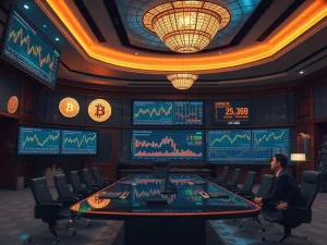 A modern corporate office with screens showing Bitcoin charts and financial data, symbolizing Bitcoin's role as a strategic corporate treasury asset in Asia.