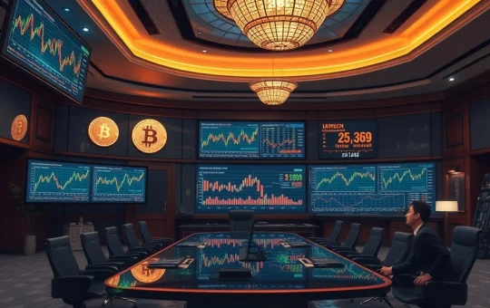 A modern corporate office with screens showing Bitcoin charts and financial data, symbolizing Bitcoin's role as a strategic corporate treasury asset in Asia.